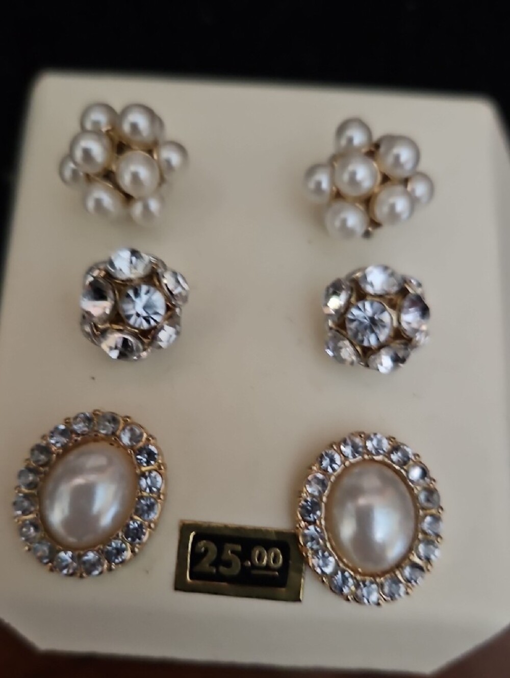 Elegant Pearl and Crystal Stud Earring Set - Gold Tone - Picture 3 of 5